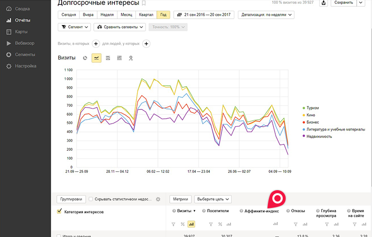 Аффинити-индекс в отчете Яндекс Метрики